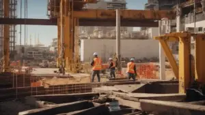 Create an image showcasing a bustling construction site in San Diego, with cranes lifting heavy steel beams, workers in hardhats analyzing blueprints, and vibrant safety signs displaying key construction laws.