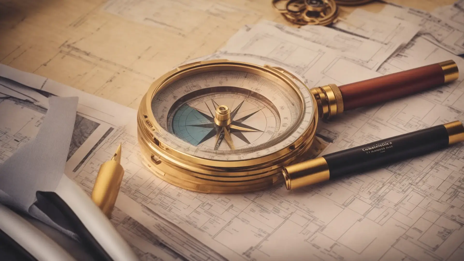 Create an image of a compass placed on a blueprint, surrounded by various construction tools and legal documents, capturing the intricate process of navigating Construction Laws in San Diego