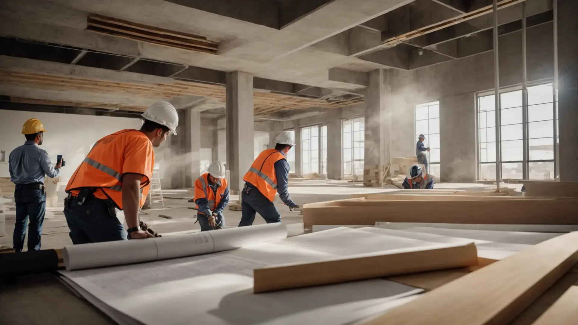 Create an image showcasing the architectural blueprint of a San Diego commercial building, with construction workers in hard hats diligently following building codes, while lawyers review legal documents in the background.
