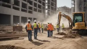 Create an image showcasing a bustling construction site in San Diego, with workers in hard hats operating heavy machinery, while city officials in suits closely inspect blueprints, enforcing safety regulations.