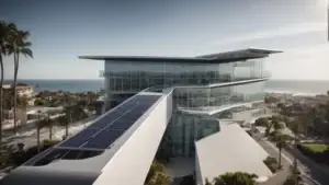 Create an image of a sleek, glass and steel office building in San Diego with solar panels on the roof, surrounded by palm trees and a view of the ocean.