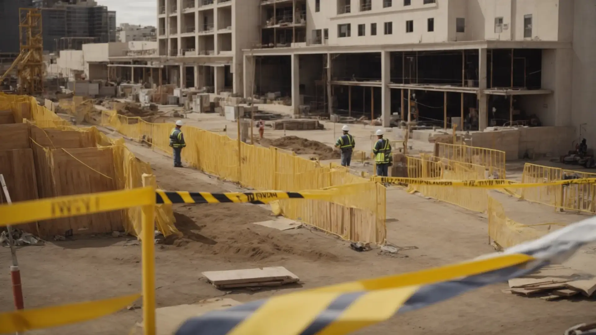 Create an image of a construction site in San Diego with workers in hard hats adhering to safety regulations, surrounded by caution tape, safety barriers, and signage.