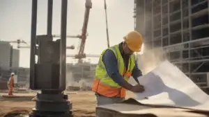 Create an image of a construction worker in a hard hat reviewing blueprints at a bustling San Diego construction site, with a crane in the background and workers in high-visibility vests.