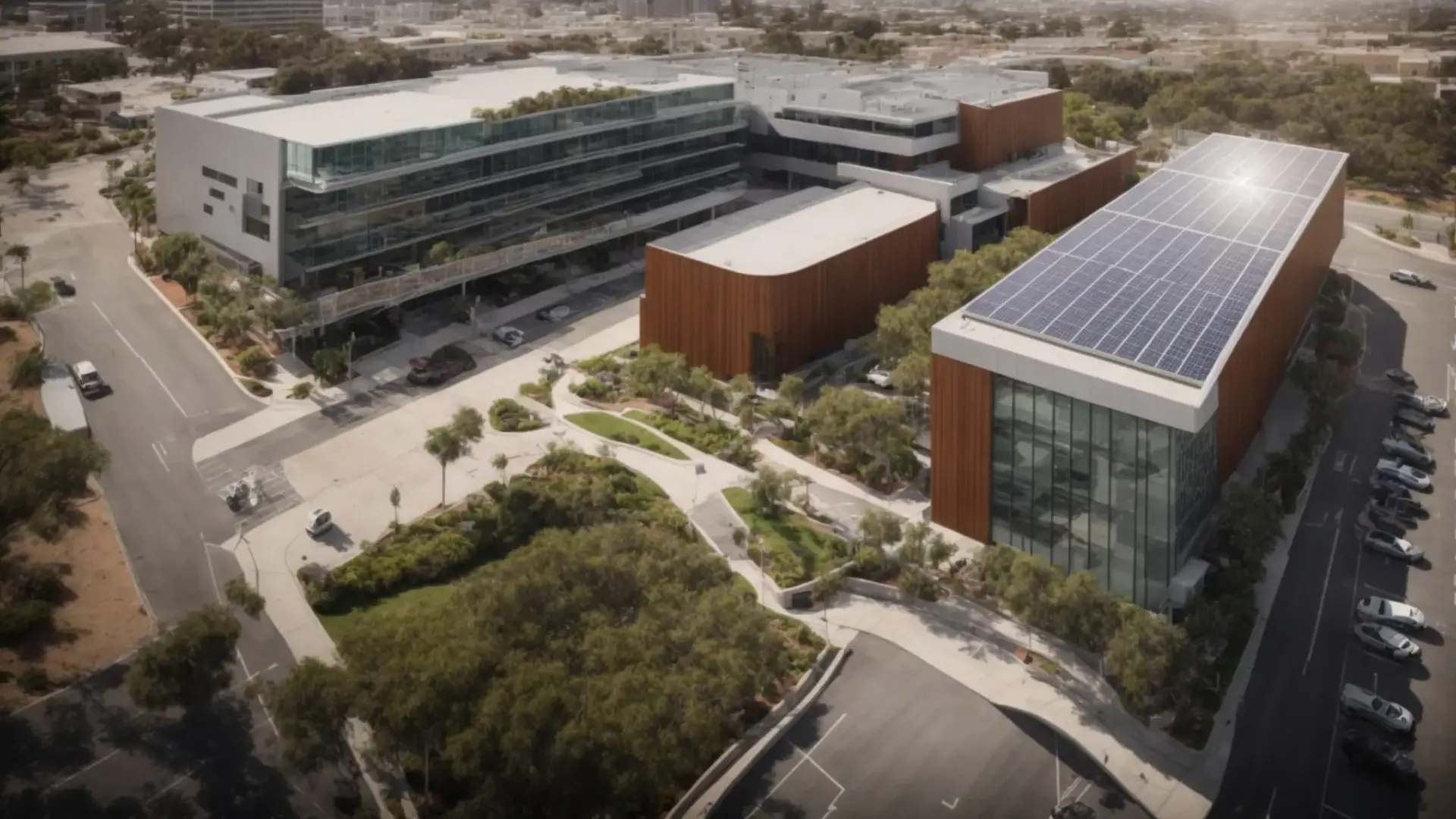 Create an image showcasing a modern commercial building in San Diego incorporating eco-friendly elements like solar panels, green roofs, and energy-efficient windows.