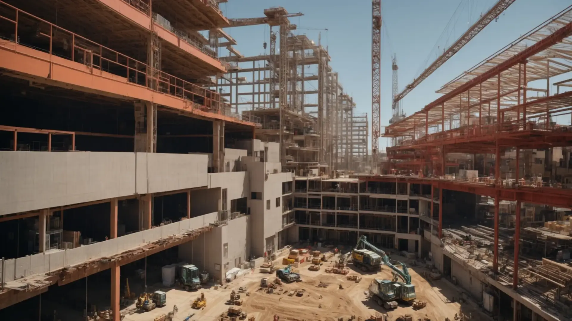 a wide-angle view of a bustling construction site in san diego, showing cranes towering above an emerging commercial building structure under a clear sky.