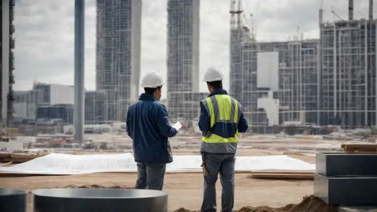 two professionals in hard hats examine a large set of blueprints on a construction site with a modern building in the background.