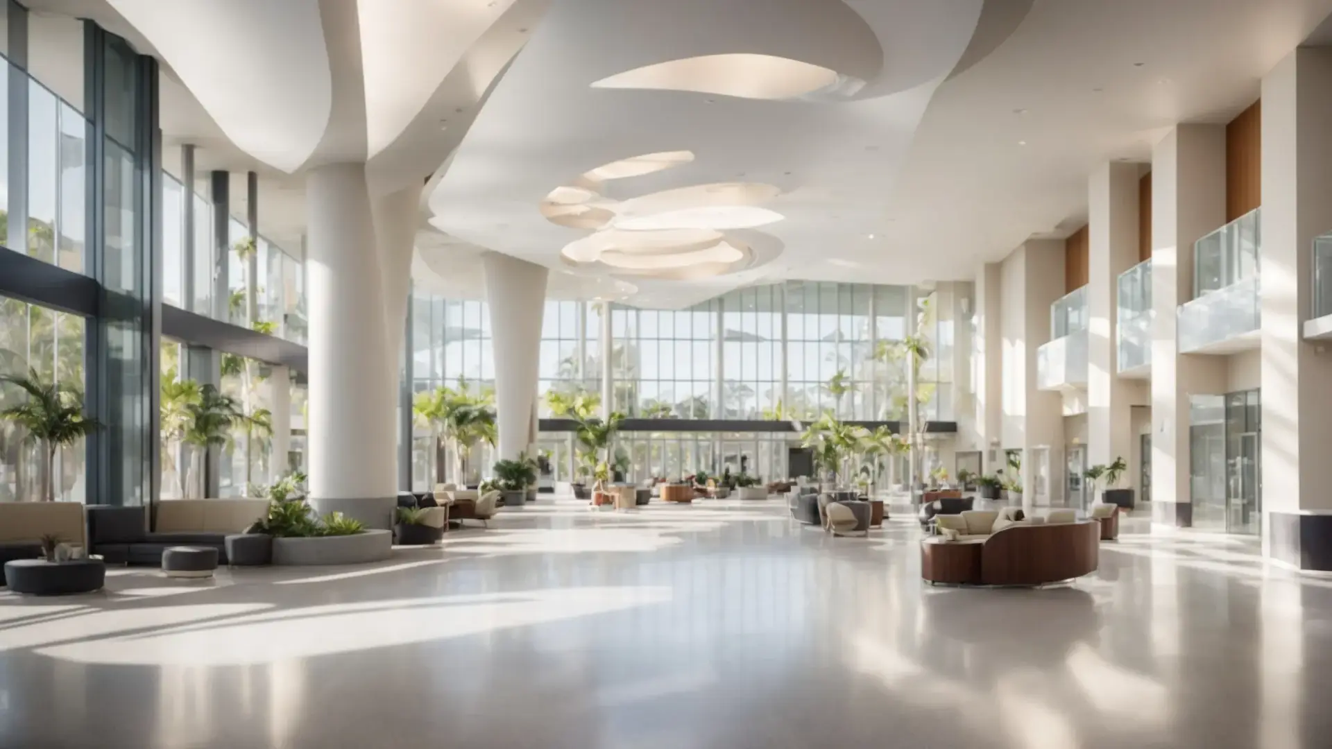 a sleek, futuristic lobby of a healthcare facility in san diego, illuminated by natural light and equipped with state-of-the-art technology.