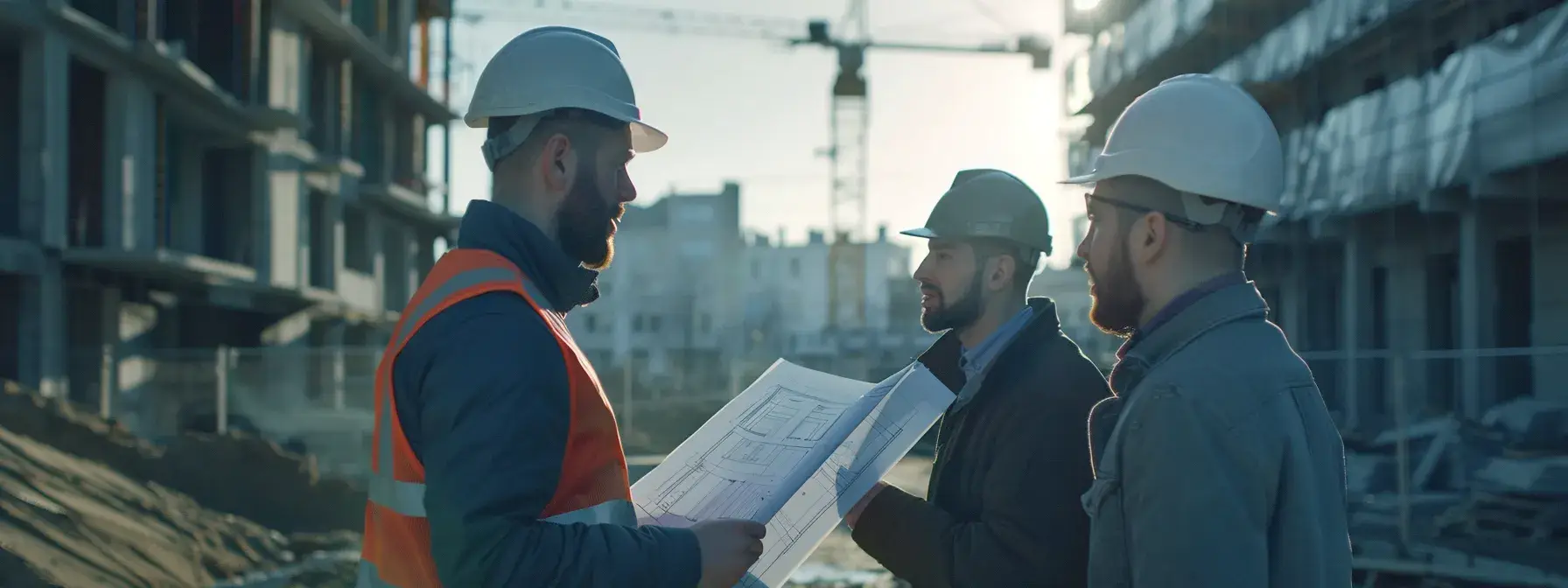 an architect discussing plans with a construction team on a building site.
