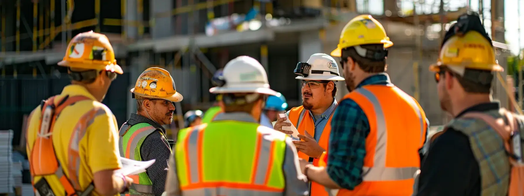 a group of workers in hard hats and high-visibility vests discussing plans at a construction site in san diego.