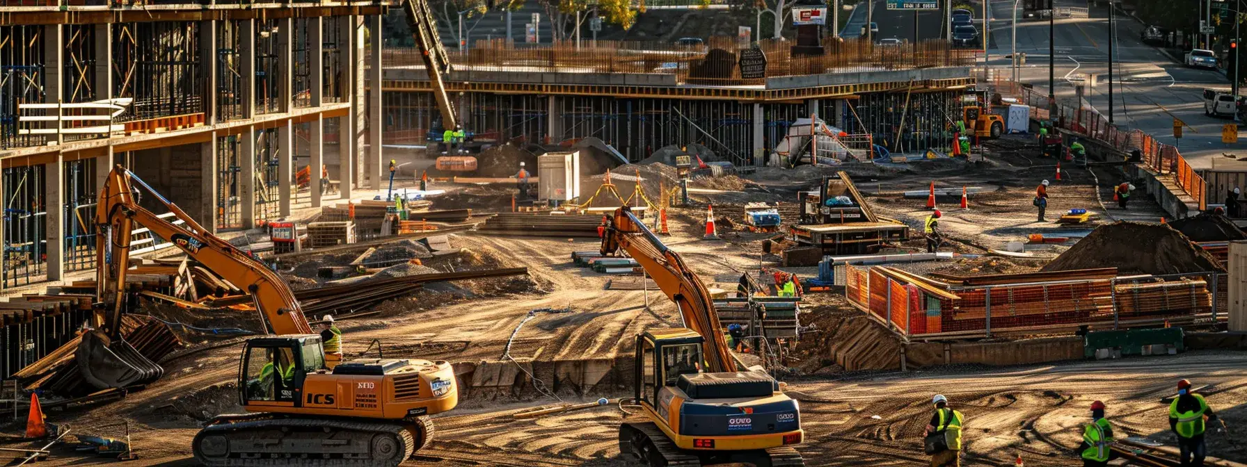 a bustling construction site in san diego with local workers using vibrant, sustainable materials.