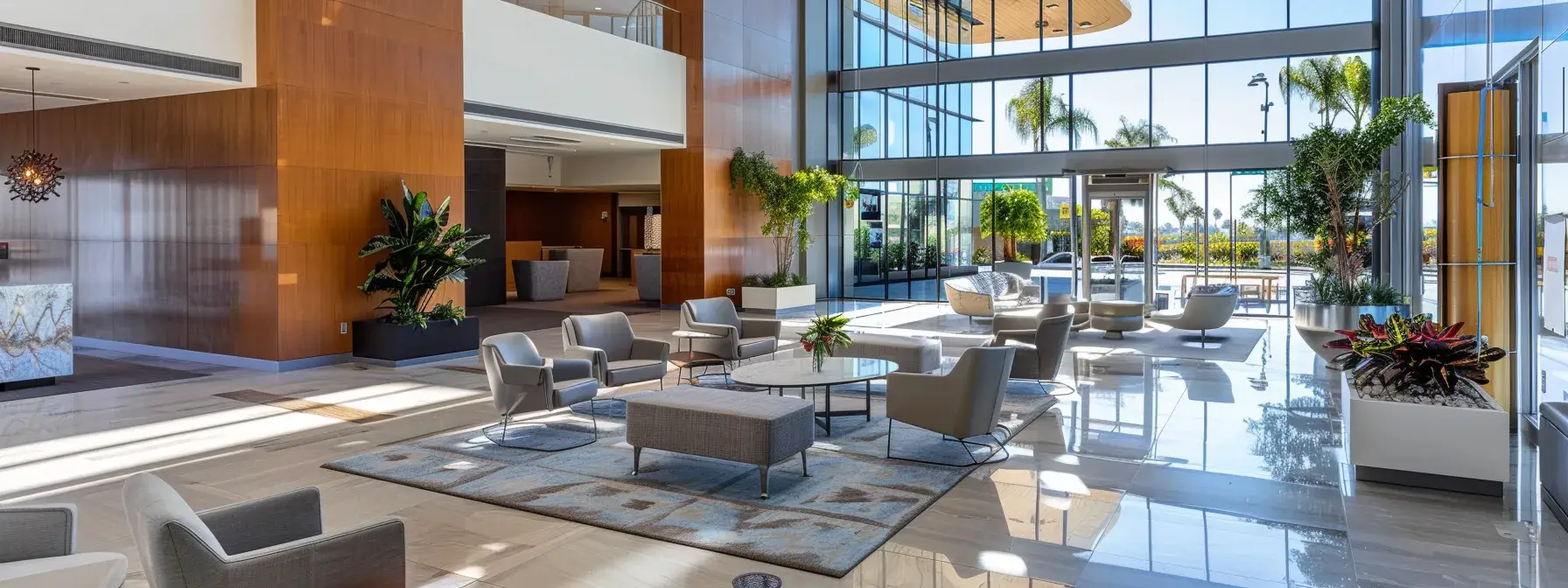 a modern lobby area in a san diego office building with sleek, high-tech amenities and comfortable seating arrangements creating a welcoming atmosphere for tenants.