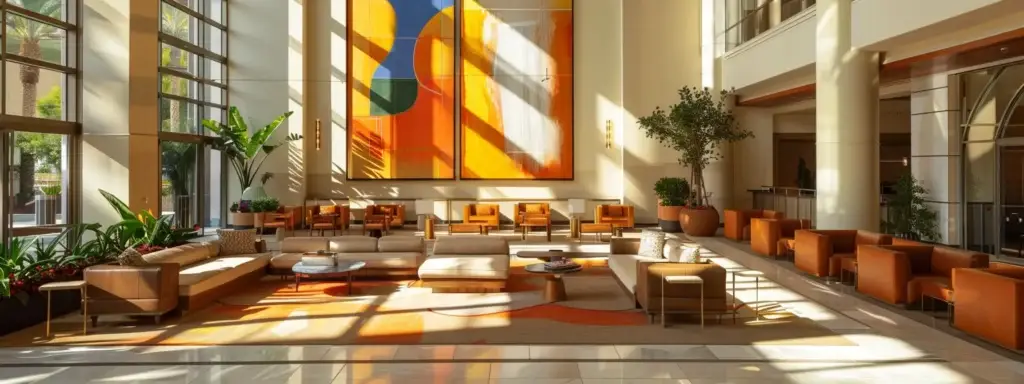 sunlight streaming through large windows onto a sleek, modern lobby with stylish furniture and vibrant artwork, showcasing the transformation of a hotel in san diego.