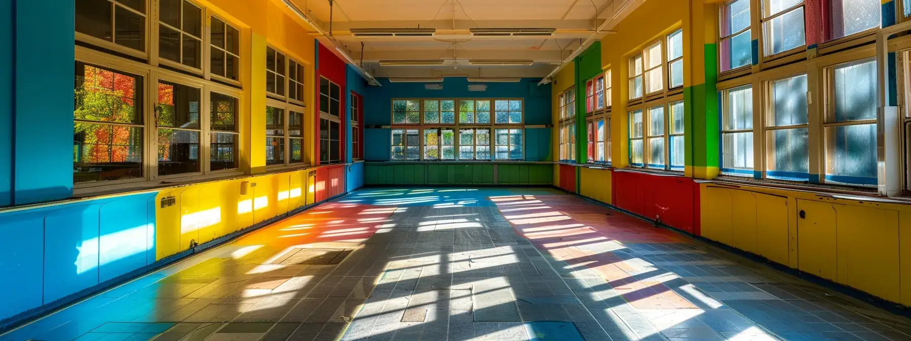 a stunning transformation of a dilapidated school building into a vibrant, modern space, with bright colors and sleek design elements.