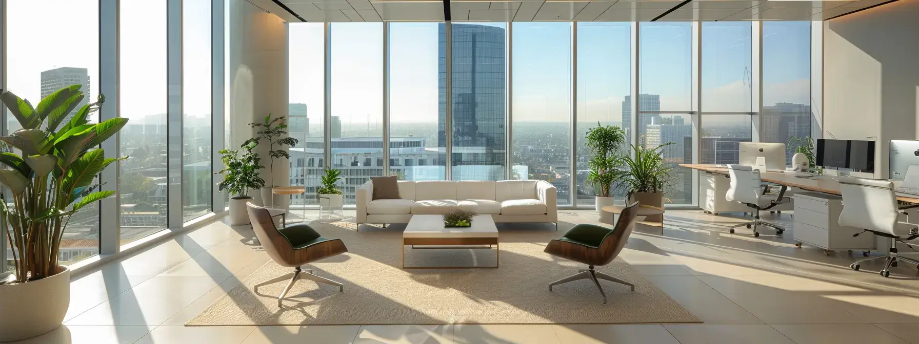 a sleek, spacious office space with bright natural light streaming in, featuring minimalist furniture and state-of-the-art technology in the heart of downtown san diego.