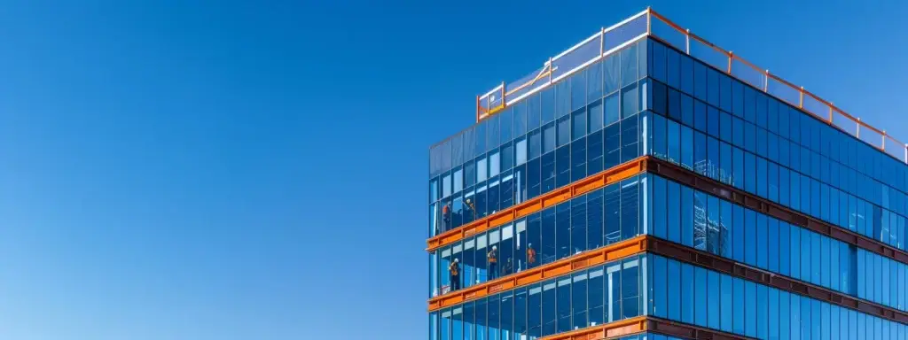 a group of skilled workers constructing a modern office building in downtown san diego under clear blue skies.