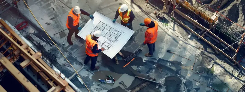 a group of workers in hard hats and safety vests collaborating on a blueprint at a bustling construction site.